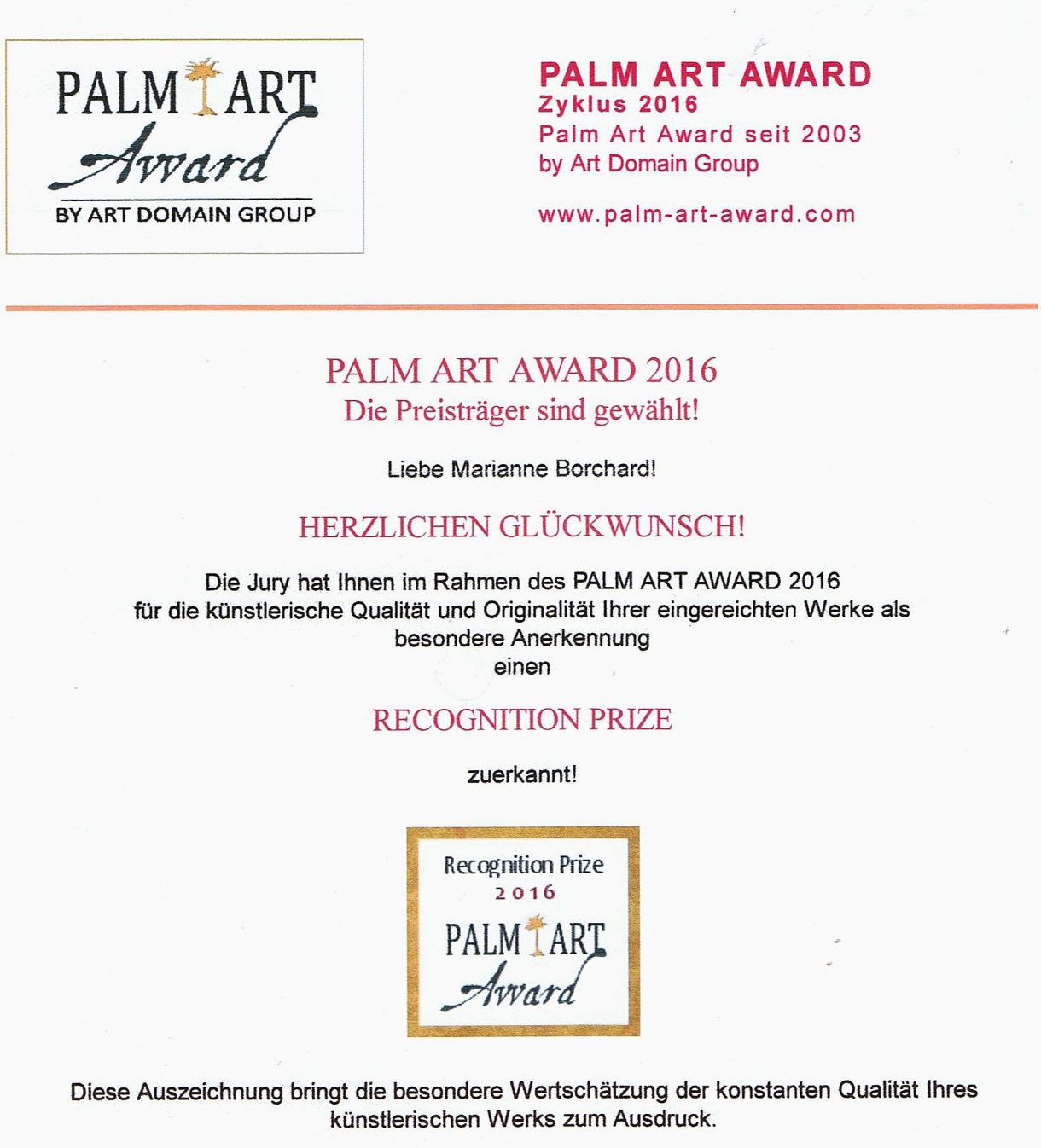 Recognition Prize Palm Art Award