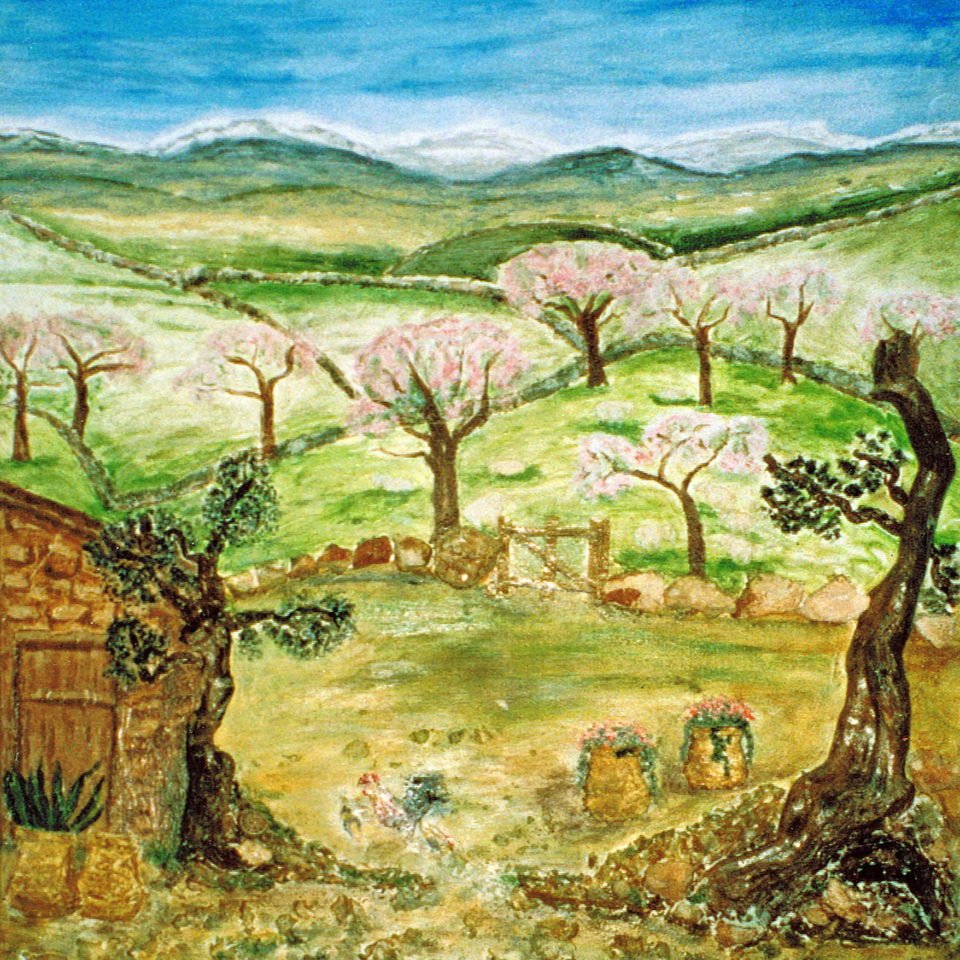 Romantisches Mallorca zur Zeit der Mandelblüte, Collage,Pigmente