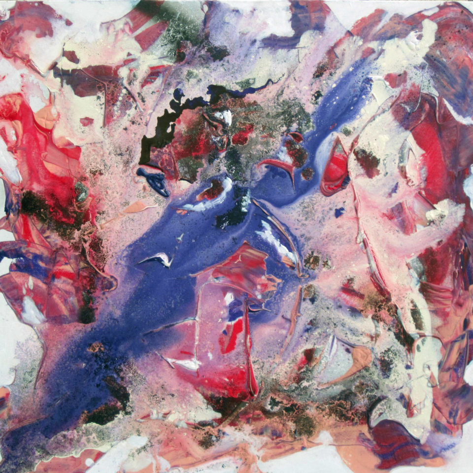 Veilchenblau trifft Kirschrot, Mischtechnik 80 x 80 cm